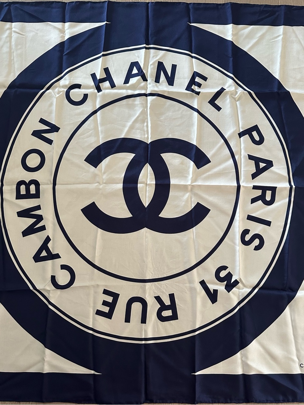 RARE CHANEL 31 Rue Cambon CC Logo Silk Scarf Navy Blue Cream
